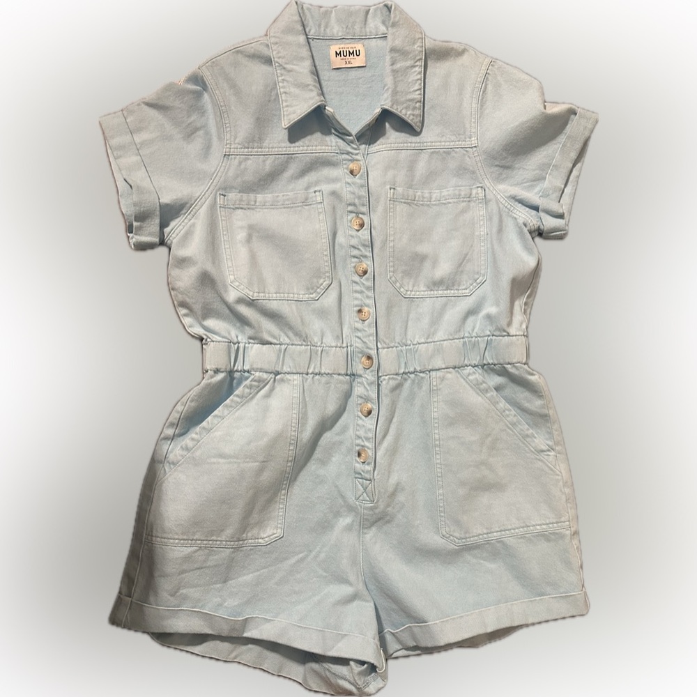 Show Me Your MuMu Light Blue Button-Up Romper
